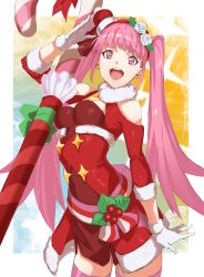 Rule 34 | 1girl, :d, arm at side, arm up, berry, bobblehat, breasts, candy, candy cane, christmas, clothing cutout, cowboy shot, dress, eyebrows hidden by hair, facing away, female focus, fire emblem, fire emblem: three houses, fire emblem heroes, flower, food, fur-trimmed headwear, fur collar, fur trim, gloves, hairband, hat, highres, hilda valentine goneril, holly, leaf, legs apart, long hair, looking at viewer, matching hair/eyes, medium breasts, mini hat, nintendo, open mouth, oversized food, oversized object, pink eyes, pink hair, pink thighhighs, pom pom (clothes), pretty-purin720, red dress, red hairband, red headwear, round teeth, salute, santa hat, short dress, shoulder cutout, sleeves past elbows, smile, solo, teeth, thighhighs, twintails, very long hair, white flower, white gloves, zettai ryouiki