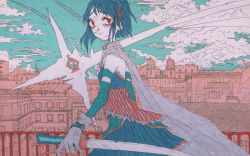 Rule 34 | 1girl, blue hair, building, cape, cityscape, cloud, cloudy sky, day, detached sleeves, fortissimo, frilled skirt, frills, gloves, hair ornament, hairclip, holding, holding sword, holding weapon, magical girl, mahou shoujo madoka magica, mahou shoujo madoka magica (anime), miki sayaka, musical note, musical note hair ornament, outdoors, pale skin, red eyes, scenery, short hair, skirt, sky, smr03, solo, soul gem, sword, upper body, weapon, white gloves