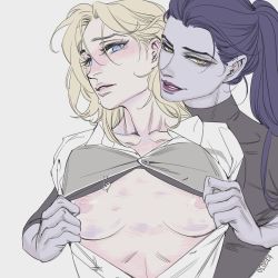 Rule 34 | 2girls, artist name, blonde hair, blue eyes, blue hair, blue skin, blush, breasts, clothes pull, colored skin, lipstick, makeup, mercy (overwatch), multiple girls, nipples, open clothes, open shirt, overwatch, overwatch 1, parted lips, shirt, shirt pull, widowmaker (overwatch), yellow eyes