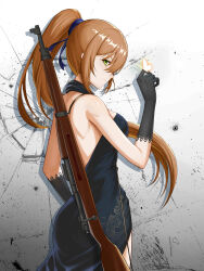 Rule 34 | 1girl, absurdres, black gloves, blue dress, blue ribbon, bolt action, breasts, brown hair, bug, butterfly, dress, elbow gloves, from side, girls&#039; frontline, gloves, green eyes, gun, hair between eyes, hair ribbon, hand up, highres, insect, large breasts, llaos, long hair, looking at viewer, m1903 springfield, ribbon, rifle, sleeveless, sleeveless dress, smile, solo, springfield (girls&#039; frontline), very long hair, weapon