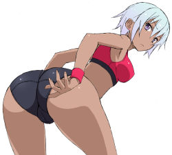 Rule 34 | 1girl, ass, bent over, dark-skinned female, dark skin, earrings, gradient hair, highres, jewelry, looking at viewer, looking back, multicolored hair, nakamura yukitoshi, original, purple eyes, shiny skin, short hair, short shorts, shorts, silver hair, simple background, sketch, solo, track suit, white background, wristband