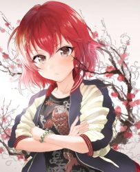 Rule 34 | 1girl, :t, backlighting, bad id, bad twitter id, bangle, blush, bracelet, branch, brown eyes, cherry blossoms, collarbone, crossed arms, idolmaster, idolmaster cinderella girls, jacket, jewelry, koi, looking at viewer, murakami tomoe, omisoshiru, open clothes, open jacket, red hair, shirt, short hair, solo, t-shirt, upper body