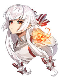 Rule 34 | 1girl, bow, closed mouth, collared shirt, commentary request, cropped torso, fire, fire, fujiwara no mokou, hair bow, hand up, highres, long hair, long sleeves, looking at viewer, red bow, red eyes, shirt, sidelocks, simple background, solo, suspenders, touhou, two-tone bow, white background, white bow, white hair, white shirt, yadayada