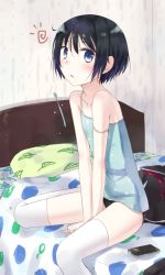 Rule 34 | 1girl, bad id, bad pixiv id, bare shoulders, between thighs, black hair, black panties, blue eyes, blush, camisole, cellphone, chm (macharge), iphone, looking at viewer, original, panties, phone, sitting, smartphone, solo, thighhighs, thighs, underwear, underwear only, v arms, white thighhighs