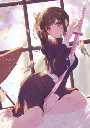 Rule 34 | 1girl, absurdres, barefoot, between breasts, black hair, black jacket, black skirt, blurry, blurry background, blurry foreground, breasts, brown umbrella, bug, butterfly, butterfly hair ornament, closed mouth, commentary request, depth of field, hair ornament, hand up, highres, insect, jacket, katana, kimetsu no yaiba, long hair, long sleeves, looking at viewer, medium breasts, mo (pixiv9929995), oil-paper umbrella, petals, pleated skirt, red eyes, shirt, side ponytail, skirt, smile, solo, sword, tsuyuri kanao, umbrella, weapon, white shirt, window