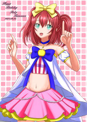 Rule 34 | 1girl, absurdres, apple print, aqua eyes, artist name, artist request, bare shoulders, blue bow, blue choker, blush, bow, bowtie, breasts, choker, collarbone, dress, female focus, green eyes, hair between eyes, hair bow, highres, jewelry, kurosawa ruby, looking at viewer, love live!, love live! sunshine!!, miniskirt, parted lips, pink skirt, plaid, plaid dress, plaid skirt, pleated, pleated dress, pleated skirt, pointing, pointing up, red hair, sho (higashi), sho (shou ma7), short hair, shou ma7, skirt, small breasts, smile, solo, yellow bow, yellow skirt