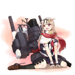Rule 34 | 10s, 1girl, adapted costume, alternate costume, black ribbon, black serafuku, black skirt, blonde hair, cannon, commentary request, fingerless gloves, gloves, gradient hair, hair flaps, hair ornament, hair ribbon, hairclip, highres, kantai collection, long hair, looking at viewer, machinery, minosu, multicolored hair, open mouth, pleated skirt, red eyes, red scarf, ribbon, running, scarf, school uniform, serafuku, sitting, skirt, smokestack, solo, turret, wariza, white scarf, yuudachi (kancolle)