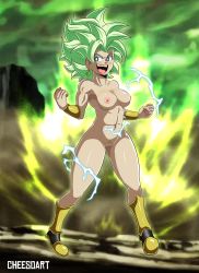 Rule 34 | 10s, 1girl, blonde hair, breasts, cheeso art, cleft of venus, dragon ball, dragon ball super, female focus, female pubic hair, full body, green hair, highres, kefla (dragon ball), large breasts, navel, nipples, nude, open mouth, pubic hair, pussy, solo, standing, uncensored