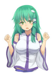 Rule 34 | 1girl, bare shoulders, blush, breasts, collared shirt, commentary request, cropped torso, detached sleeves, frog hair ornament, green eyes, green hair, hair ornament, head tilt, highres, kakone, kochiya sanae, large breasts, long hair, looking at viewer, open mouth, shirt, simple background, snake hair ornament, solo, tareme, touhou, upper body, white background, white shirt, wide sleeves