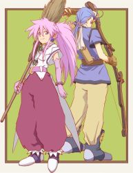 Rule 34 | 1boy, 1girl, arche klein, blue hair, chester burklight, closed mouth, earrings, elbow gloves, full body, gloves, jewelry, long hair, looking at viewer, neko (hansinn), pants, pink eyes, pink hair, pink pants, ponytail, smile, tales of (series), tales of phantasia, wide ponytail