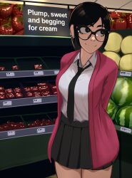 Rule 34 | 1girl, absurdres, arms behind back, black eyes, black hair, black necktie, breasts, cardigan, commentary, cowboy shot, food, fruit, glasses, highres, large breasts, looking to the side, miniskirt, necktie, original, pink cardigan, pleated skirt, skirt, smile, solo, split mouth, strawberry, veyonis, watermelon