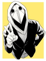 Rule 34 | 1boy, arm behind back, beak, black jacket, chainsaw man, cropped torso, greyscale with colored background, highres, hood, hoodie, jacket, looking at viewer, mask, plague doctor mask, simple background, solo, ten ten 10 10, two-tone background, v, violence fiend (chainsaw man), white hoodie, yellow background