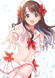 Rule 34 | alternate costume, bikini, bow, bowtie, breasts, brown hair, commentary request, crop top, hair bow, hat, idolmaster, idolmaster cinderella girls, idolmaster cinderella girls starlight stage, jewelry, loafers, long hair, midriff, miniskirt, mwm385, navel, necklace, red bow, red bowtie, sailor collar, sailor hat, see-through, shimamura uzuki, shoes, skirt, solo, striped bikini, striped clothes, striped legwear, striped thighhighs, swimsuit, thighhighs, wet