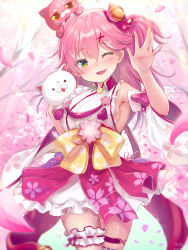 Rule 34 | 1girl, 35p (sakura miko), ahoge, arm up, bare shoulders, bell, blurry, blurry background, blush, breasts, bridal garter, cherry blossom print, commentary request, detached sleeves, floral print, green eyes, hair bell, hair between eyes, hair ornament, highres, hololive, kintoki (sakura miko), looking at viewer, magowasabi, medium breasts, nontraditional miko, obi, one eye closed, one side up, open mouth, petals, pink hair, sakura miko, sakura miko (1st costume), sash, sideboob, sidelocks, thigh strap, virtual youtuber