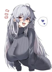 Rule 34 | 1girl, ahoge, alternate costume, arknights, breasts, commentary request, grey sweater, heart, highres, horn/wood, large breasts, long sleeves, looking at viewer, ribbed sweater, sharp teeth, simple background, smile, solo, specter (arknights), spoken heart, sweater, teeth, tongue, tongue out, turtleneck, turtleneck sweater, white background