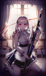 Rule 34 | 1girl, absurdres, apron, azur lane, black footwear, black ribbon, blue skirt, breasts, dido (azur lane), dress shirt, frilled apron, frilled skirt, frills, hair ribbon, hairband, highres, holding, holding weapon, hyangu, indoors, large breasts, long hair, looking at viewer, mary janes, miniskirt, red ribbon, ribbon, shirt, shoes, silver hair, sitting, skirt, sleeveless, sleeveless shirt, solo, thighhighs, twintails, underboob, waist apron, weapon, white apron, white shirt, white thighhighs