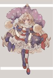 Rule 34 | + +, 1girl, :o, american flag dress, american flag legwear, arm up, asymmetrical footwear, blonde hair, bow, breasts, clownpiece, collar, collared dress, cuffs, curly hair, dress, frilled collar, frilled dress, frills, hat, highres, inkopico, jester cap, large hat, long hair, looking at viewer, medium breasts, medium dress, mismatched footwear, open mouth, oversized clothes, pantyhose, patterned clothing, polka dot, pom pom (clothes), purple eyes, short sleeves, sleeve bow, solo, standing, standing on one leg, star (symbol), star print, striped clothes, striped pantyhose, symbol-shaped pupils, touhou, very long hair