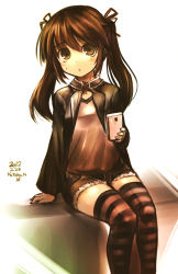 Rule 34 | 1girl, brown hair, cellphone, child, dated, hair ribbon, highres, holding, jacket, kotoba noriaki, long hair, looking at viewer, open mouth, original, phone, ribbon, short shorts, shorts, signature, simple background, sitting, solo, striped clothes, striped thighhighs, sweatdrop, thighhighs, twintails