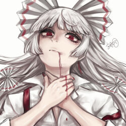 Rule 34 | 1girl, absurdres, blood, blood from mouth, bow, closed mouth, collared shirt, fujiwara no mokou, hair bow, hands on own neck, highres, kyogoku-uru, large bow, long hair, long sleeves, looking at viewer, nail polish, red eyes, red nails, shirt, signature, simple background, solo, suspenders, touhou, upper body, white background, white bow, white hair, white shirt