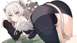Rule 34 | 1girl, ahoge, all fours, animal ears, ass, bent over, black jacket, black nails, black pantyhose, black shirt, blush, breasts, claw pose, commentary, ear piercing, fingernails, full body, fur-trimmed jacket, fur trim, grey eyes, grey hair, grey skirt, hair between eyes, highres, hololive, jacket, large breasts, lion ears, lion girl, lion tail, long hair, looking at viewer, messy hair, miniskirt, nail polish, otaku heishi, pantyhose, parted lips, piercing, sharp fingernails, shirt, shishiro botan, shishiro botan (1st costume), single leg pantyhose, skirt, sleeveless, sleeveless shirt, solo, ssrb (shishiro botan), tail, thigh strap, two side up, virtual youtuber