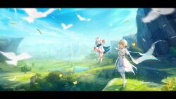 Rule 34 | 2girls, absurdres, anna (drw01), arm up, bird, blonde hair, blue cape, blue sky, boots, cape, city, cliff, closed eyes, commentary request, detached sleeves, dove, dress, floating, flower, genshin impact, grass, hair flower, hair ornament, halo, highres, knee boots, lake, letterboxed, looking at viewer, lumine (genshin impact), multiple girls, outdoors, paimon (genshin impact), short hair with long locks, sky, thigh boots, white dress, white footwear, white hair, yellow eyes