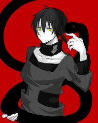 Rule 34 | 1boy, :/, arrow (symbol), arrow print, black hair, black shirt, closed mouth, commentary, dark konoha, facial mark, grey shirt, hair between eyes, hand up, kagerou project, konoha (kagerou project), layered sleeves, limited palette, long bangs, looking away, male focus, mekakucity actors, neck warmer, pale skin, red background, red eyes, shirt, short ponytail, simple background, snake, solo, towa (aaa ssss), upper body, yellow eyes