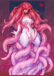 Rule 34 | 1girl, highres, maaboo, monster girl, original, red background, solo, tentacle girl, tentacle hair, tentacles