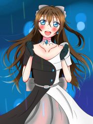 Rule 34 | 1girl, aqua eyes, artist name, artist request, back bow, bare shoulders, belt, black dress, black gloves, black skirt, blue eyes, blush, bow, bow hairband, breasts, brooch, brown hair, buttons, choker, cleavage, clenched hands, collarbone, diamond (gemstone), dress, drop earrings, earrings, evening gown, female focus, floating hair, gloves, grey belt, grey bow, grey skirt, hair between eyes, hair bow, hairband, half updo, high ponytail, highres, jewelry, lace, lace gloves, long hair, looking at viewer, love live!, love live! nijigasaki high school idol club, love live! school idol festival, miniskirt, multicolored clothes, multicolored dress, off-shoulder dress, off shoulder, osaka shizuku, parted lips, plaid, plaid dress, plaid skirt, pleated, pleated dress, pleated skirt, ponytail, skirt, sleeveless, sleeveless dress, small breasts, smile, solitude rain (love live!), solo, two-tone dress, wavy hair, white bow, white choker, white dress, white skirt