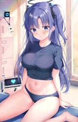 Rule 34 | 1girl, absurdres, artist name, barefoot, black shirt, blue archive, blue buruma, blue eyes, blue hair, blush, breasts, buruma, chinese commentary, closed mouth, commentary request, cropped shirt, facial mark, groin, gym uniform, hair ornament, halo, heart, highres, id card, indoors, kallen ayase, lanyard, long hair, looking at viewer, medium breasts, midriff, monitor, navel, official alternate costume, revealing clothes, shirt, short sleeves, sitting, smile, solo, star (symbol), sunlight, sweat, t-shirt, thighs, two side up, wariza, window, yuuka (blue archive), yuuka (track) (blue archive)