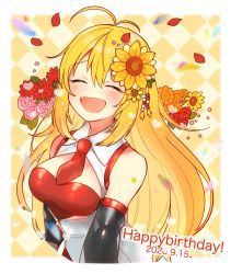 Rule 34 | 1girl, antenna hair, argyle, argyle background, argyle clothes, bare shoulders, beads, black sleeves, blonde hair, breast cutout, closed eyes, commentary, cropped torso, dated, detached sleeves, fangs, flower, framed breasts, hair beads, hair flower, hair ornament, happy birthday, highres, long hair, nanaki (mkmk 915), necktie, open mouth, orange flower, petals, pink flower, pink rose, red flower, red necktie, rose, shirt, short necktie, sleeveless, sleeveless shirt, smile, solo, sunflower, tsurumaki maki, upper body, voiceroid, white shirt, yellow background, yellow flower