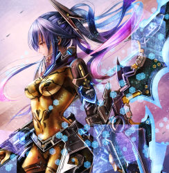 Rule 34 | 1girl, blue hair, bodysuit, breasts, brown eyes, closed mouth, covered navel, cowboy shot, expressionless, from side, hair between eyes, hexagon, highres, holographic monitor, long hair, medium breasts, multicolored hair, phantasy star, phantasy star online 2, pink hair, ponytail, profile, purple hair, quna (pso2), solo, sparkle, sushi (sashimise), very long hair, weapon, zelsius