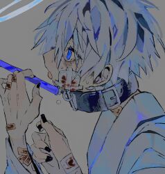 Rule 34 | 1boy, angel, bandages, bandaid, bandaid on arm, bandaid on cheek, bandaid on face, bandaid on hand, black collar, blood, bloody bandages, blue eyes, brown background, collar, crying, crying with eyes open, facing to the side, grey hair, halo, highres, leash, leash pull, male focus, open mouth, original, piyopiyomaru (piyopiyomaru 0), short hair, tears