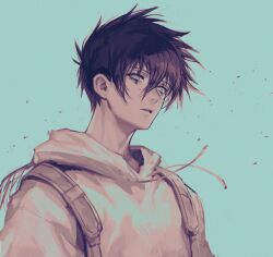 Rule 34 | 1boy, black hair, blue background, dokuga, dorohedoro, expressionless, highres, hood, hoodie, light particles, looking at viewer, male focus, panco, parted lips, portrait, simple background, solo, white hoodie
