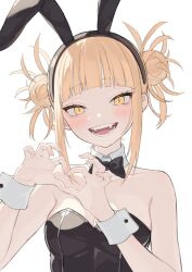 Rule 34 | 1girl, animal ears, black bow, black bowtie, blonde hair, blunt bangs, blush, boku no hero academia, bow, bowtie, breasts, detached collar, double bun, fake animal ears, fangs, hair bun, heart, heart hands, highres, kiina (mrnsor), leotard, looking at viewer, medium breasts, messy hair, open mouth, playboy bunny, rabbit ears, simple background, solo, strapless, strapless leotard, toga himiko, white background, wrist cuffs, yellow eyes