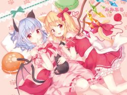 Rule 34 | 2girls, adapted costume, all fours, animal ears, artist name, bare shoulders, bat wings, black cat, blonde hair, bloomers, bow, bowtie, cat, cat day, cat ears, cat tail, commentary request, crystal, detached sleeves, dress, feet out of frame, finger to mouth, flandre scarlet, hair ribbon, heart, heart of string, light purple hair, looking at viewer, lying, medium hair, mimi (mimi puru), multiple girls, no headwear, no headwear, open mouth, paw print, pillow, pink dress, puffy sleeves, red bow, red dress, red eyes, red ribbon, remilia scarlet, ribbon, ribbon-trimmed dress, sash, side ponytail, strapless, strapless dress, tail, tail ornament, tail ribbon, touhou, underwear, wings, wrist cuffs, yarn, yarn ball
