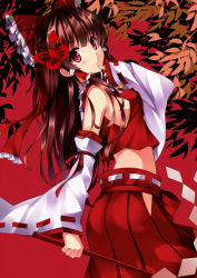 Rule 34 | 1girl, bad id, bad pixiv id, blush, bow, breasts, brown hair, butterfly hair ornament, detached sleeves, gohei, hair bow, hair ornament, hair tubes, hakurei reimu, hip vent, long hair, looking at viewer, midriff, mushroom (artist), red eyes, ribbon-trimmed sleeves, ribbon trim, sideboob, skirt, solo, touhou