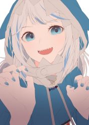 Rule 34 | 1girl, :d, blue eyes, blue hoodie, blue nails, claw pose, fish bone, gawr gura, hands up, heikokuru1224, highres, hololive, hololive english, hood, hood up, hoodie, long hair, looking at viewer, multicolored hair, nail polish, open mouth, sharp teeth, silver hair, simple background, smile, solo, streaked hair, teeth, upper body, virtual youtuber, white background