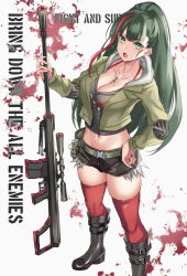 Rule 34 | 1girl, anti-materiel rifle, belt, belt pouch, black footwear, black shorts, blunt bangs, boots, bra strap, breasts, cleavage, collarbone, commentary request, crop top, cropped jacket, cross, cross necklace, cutoffs, earrings, english text, engrish text, explosive, full body, green belt, green eyes, green hair, green jacket, grenade, grey shirt, groin, gun, high ponytail, highres, holding, holding gun, holding weapon, hoop earrings, inue ao, jacket, jewelry, knee boots, large breasts, long hair, long sleeves, looking at viewer, midriff, mole, mole on breast, multicolored hair, navel, necklace, open clothes, open jacket, open mouth, original, ponytail, pouch, ranguage, red hair, red thighhighs, rifle, shirt, short shorts, shorts, sidelocks, skindentation, sniper rifle, solo, standing, streaked hair, thighhighs, two-tone hair, weapon, white background