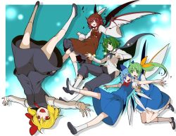 Rule 34 | 5girls, :d, ahoge, black footwear, black pants, black skirt, black vest, blonde hair, blue bow, blue dress, blue hair, blue skirt, blue vest, bow, brown dress, brown hat, cirno, daiyousei, dress, eichi yuu, fairy wings, full body, green hair, hair bow, hair ribbon, hat, ice, ice wings, long sleeves, looking at viewer, mary janes, multiple girls, mystia lorelei, open mouth, outstretched arms, pants, puffy pants, red hair, red ribbon, ribbon, rumia, shirt, shoes, short hair, short sleeves, side ponytail, skirt, smile, spread arms, team 9 (touhou), touhou, upside-down, vest, white legwear, white shirt, wide sleeves, wings, wriggle nightbug, yellow bow