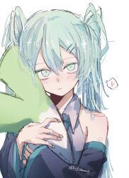 Rule 34 | 1girl, aqua eyes, aqua hair, bare shoulders, black sleeves, closed mouth, collared shirt, commentary request, detached sleeves, food, grey shirt, hair between eyes, hair ornament, hairclip, hane (kakuhane), hatsune miku, heart, highres, holding, holding food, light blush, long hair, looking at viewer, number tattoo, shirt, shoulder tattoo, simple background, solo, speech bubble, spoken heart, tattoo, twintails, twitter username, upper body, vocaloid, white background