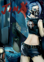 Rule 34 | 1girl, absurdres, alternate costume, belt, biker clothes, blue eyes, blue hair, braid, cropped jacket, crossed arms, denim, denim shorts, from behind, gas mask, highres, jinx (league of legends), league of legends, long hair, looking back, mask, matching hair/eyes, midriff, shorts, sleeveless, solo, studded belt, summer triangle, twin braids