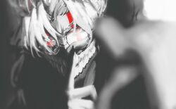 alternate_form colored_skin dandadan facial_mark finger_to_mouth glasses grey_skin greyscale highres mask monochrome mouth_mask red_eyes round_eyewear shiej007 shushing takakura_ken_(dandadan) tall_hair white_hair