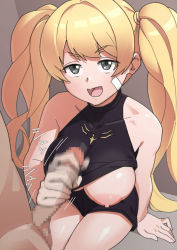 Rule 34 | 1boy, 1girl, afterimage, bandaid, bandaid on face, bare shoulders, black shirt, black shorts, blonde hair, breasts, censored, clothes lift, granblue fantasy, grey eyes, handjob, hetero, highres, ishinoyari, large areolae, large breasts, long hair, looking at another, monika weisswind, mosaic censoring, motion blur, motion lines, nipples, open mouth, penis, raised eyebrows, shirt, shirt lift, short shorts, shorts, sitting, sleeveless, sleeveless shirt, smile, solo focus, sound effects, twintails, very long hair