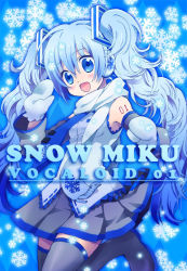 Rule 34 | 1girl, :d, blue eyes, blue hair, boots, detached sleeves, earmuffs, hatsune miku, long hair, matching hair/eyes, mittens, necktie, open mouth, sakuro, scarf, skirt, smile, snowflakes, solo, thigh boots, thighhighs, twintails, very long hair, vocaloid, white scarf, yuki miku