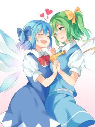 Rule 34 | 2girls, alternate hairstyle, ascot, blue bow, blue dress, blue hair, blue skirt, blue vest, blush, bow, breast press, breasts, cirno, closed eyes, commentary request, daiyousei, dress, fairy, fairy wings, fang, green eyes, green hair, hair between eyes, hair bow, hairstyle connection, happy, heads together, heart, highres, holding hands, ice, ice wings, interlocked fingers, looking at another, medium breasts, medium hair, multiple girls, nagomian, open mouth, puffy short sleeves, puffy sleeves, red bow, shirt, short hair, short sleeves, side ponytail, sidelocks, simple background, skirt, small breasts, symmetrical docking, touhou, vest, white background, white shirt, wings, yellow ascot, yellow bow