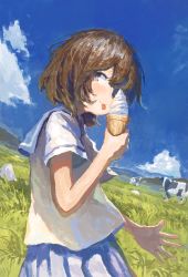 Rule 34 | 1girl, :p, black eyes, blue sailor collar, blue skirt, brown hair, cloud, cloudy sky, commentary, cow, cowboy shot, day, fjsmu, food, grass, hair over one eye, highres, holding, horizon, ice cream, light blush, looking at viewer, mountain, nature, one eye covered, original, outdoors, outstretched hand, pleated skirt, sailor collar, shirt, short hair, skirt, sky, smile, solo, sunlight, tongue, tongue out, white shirt