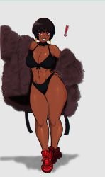 Rule 34 | !, 1girl, abs, bikini, black bikini, black choker, black hair, blunt bangs, bow, bow bikini, bowl cut, breasts, brown lips, choker, cleavage, coat, commentary, contrapposto, curvy, dark-skinned female, dark skin, earrings, english commentary, enma (ninikyu), eyeshadow, fur coat, hand on own hip, highres, jewelry, large breasts, looking at viewer, makeup, mole, mole on breast, navel, ninikyu, open clothes, open coat, original, red eyes, red eyeshadow, red footwear, shoes, short hair, smile, sneakers, solo, standing, swimsuit, thick eyebrows, thick thighs, thighs, toned, very dark skin