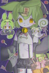 Rule 34 | 1girl, :3, absurdres, alternate costume, bandaid, bandaid on leg, bell, black shorts, blush, blush stickers, boots, bucket, candy, chibi, chibi inset, chromatic aberration, crop top, detached sleeves, flat chest, food, food on face, ghost, green hair, halloween, halloween bucket, halloween costume, hat, heart, heart-shaped pupils, highres, holding, holding bucket, holding candy, holding food, holding lollipop, howahowa kanmiryou, jiangshi costume, jingle bell, lollipop, long hair, looking at viewer, low ponytail, macaron, multiple views, neck bell, ofuda, ofuda on head, open mouth, pale skin, puffy shorts, purple background, qingdai guanmao, ribs, short shorts, shorts, single blush sticker, skinny, sleeves past fingers, sleeves past wrists, standing, standing on one leg, suspender shorts, suspenders, symbol-shaped pupils, v-shaped eyebrows, very long hair, voicevox, wrapped candy, yellow eyes, zundamon