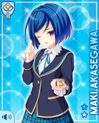 Rule 34 | 1girl, akasegawa maki, blue background, blue bow, blue hair, blue jacket, blue skirt, bow, can, card, character name, closed eye, collar, girlfriend (kari), holding, jacket, jewelry, looking at viewer, necklace, official art, open mouth, outstretched hand, plaid, plaid skirt, purple eyes, qp:flapper, school uniform, short hair, skirt, sweater, table, tagme