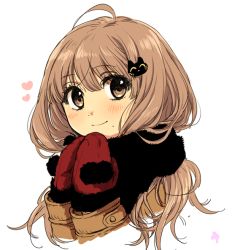Rule 34 | 1girl, ahoge, bad id, bad pixiv id, black scarf, blush, brown eyes, brown hair, cat hair ornament, hair ornament, hairclip, heart, long hair, looking at viewer, mittens, mole, mole under mouth, original, own hands together, scarf, simple background, smile, solo, upper body, white background, yukichi (ohuton zzz)